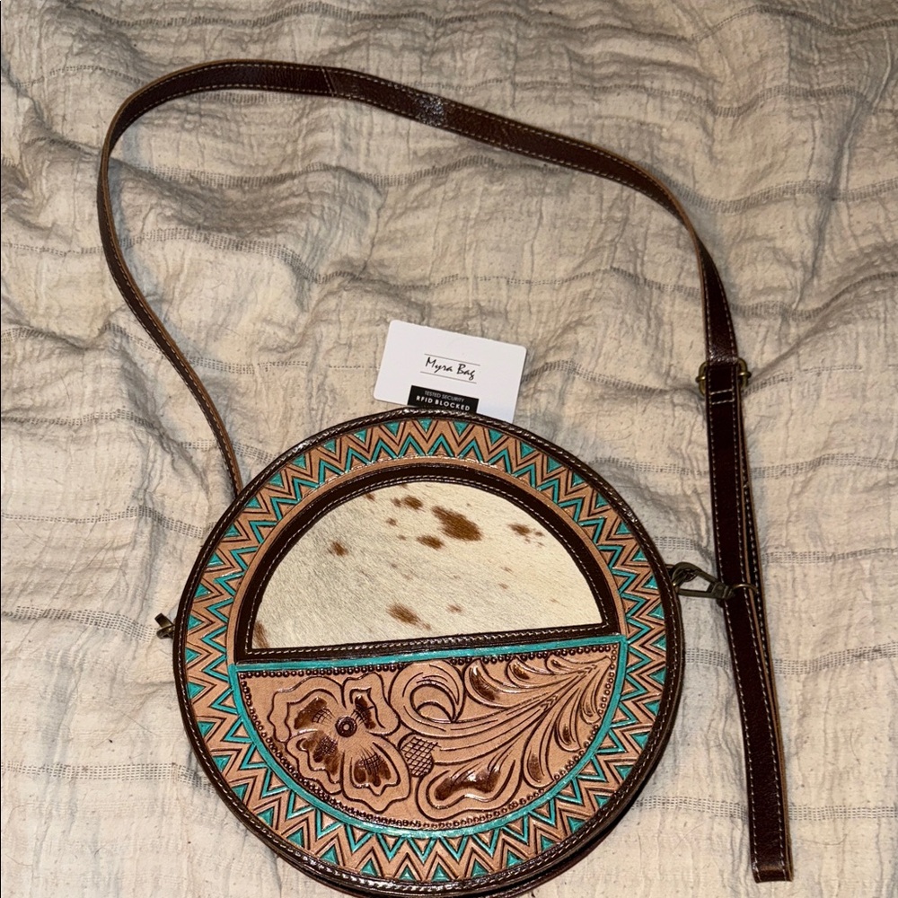 Myra Round Leather Crossbody Bag with Floral Design